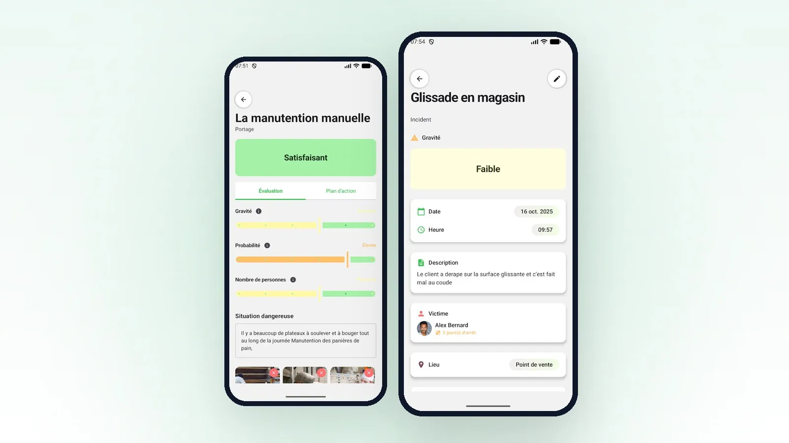 Deux téléphones affichant une évaluation de risque iDuerp sur le terrain