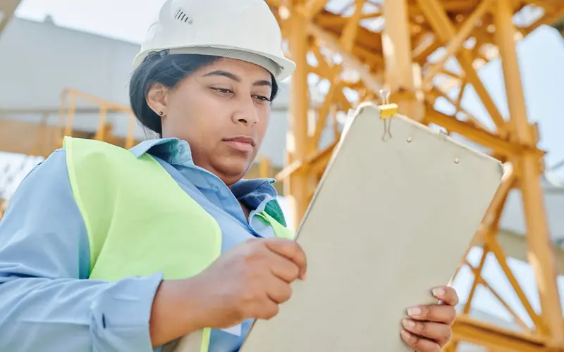 Ouvrière casquée remplissant une check-list sur un chantier